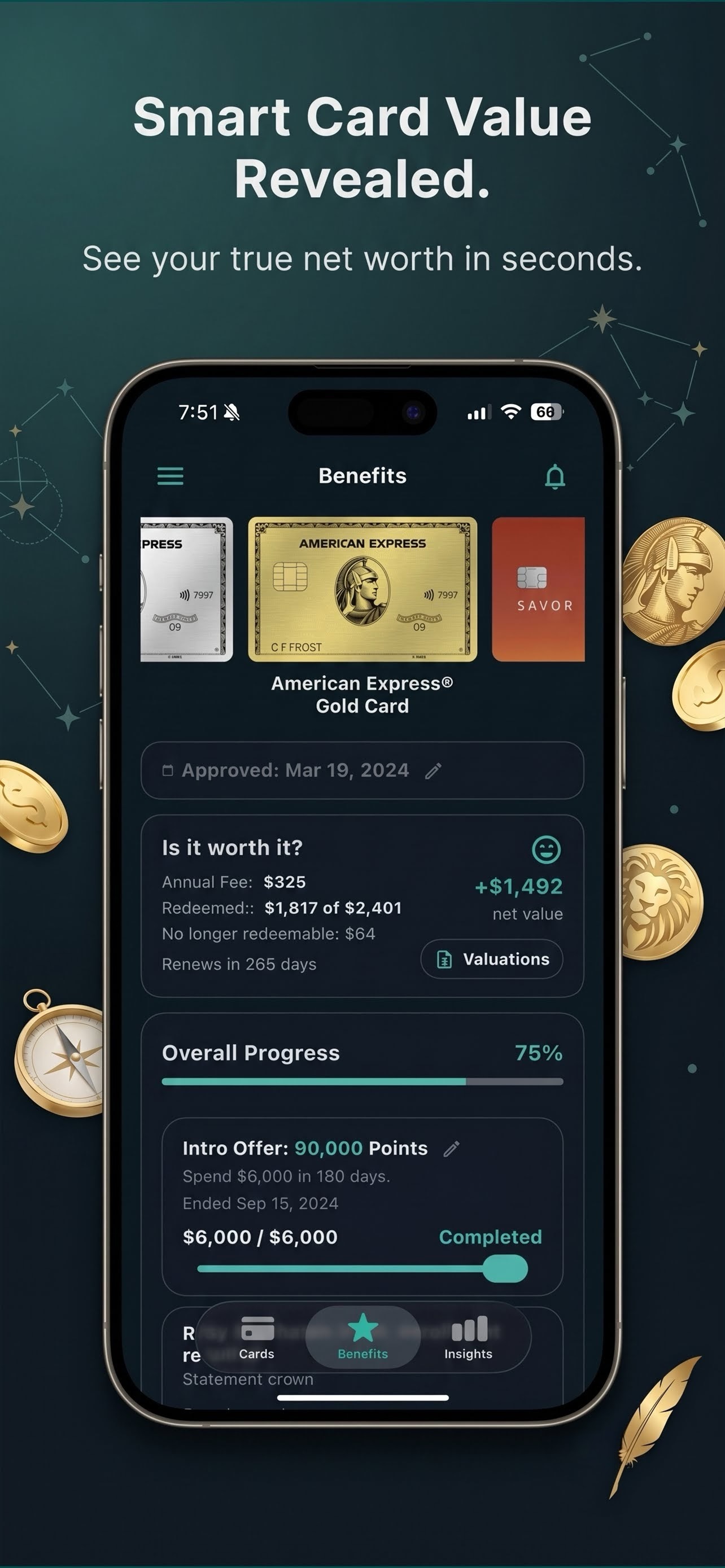 Pointalize Benefits tab — card value and perk progress
