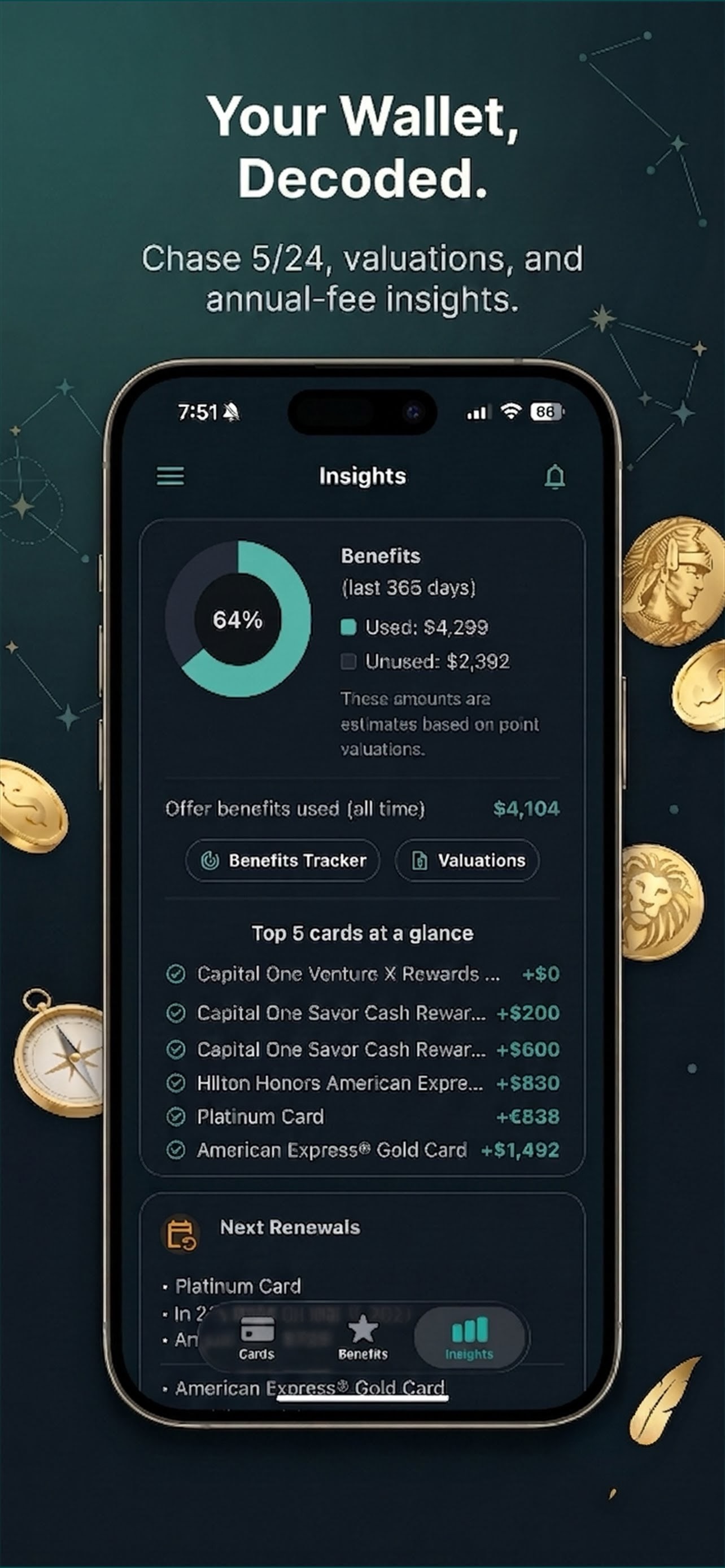 Pointalize Insights tab — Chase 5/24 and point valuations