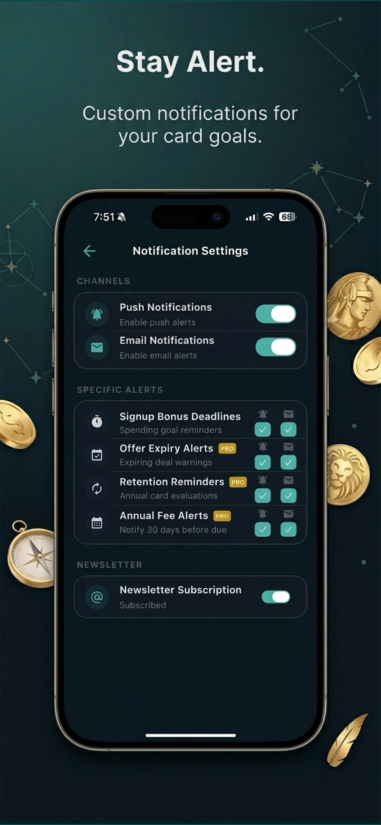 Pointalize notification settings — signup bonus and benefit alerts