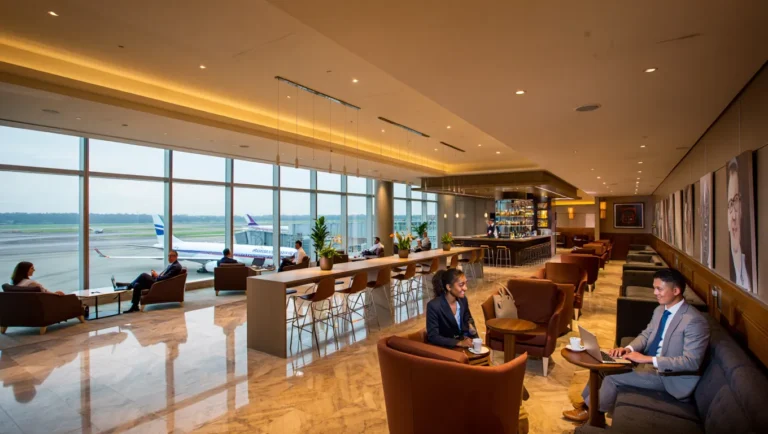 Modern airport lounge with bar seating, floor-to-ceiling windows, and travelers relaxing before their flights.