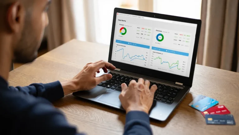 A man checking his Credit Utilization Ratio on a laptop.