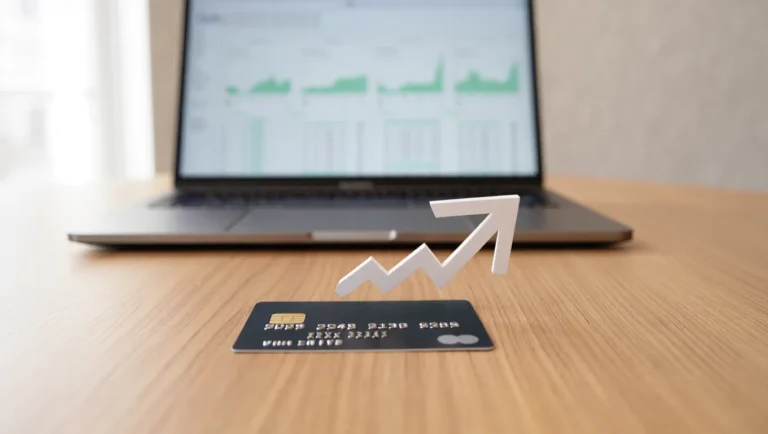 A credit card on a desk with a white arrow pointing up, symbolizing a credit limit increase.