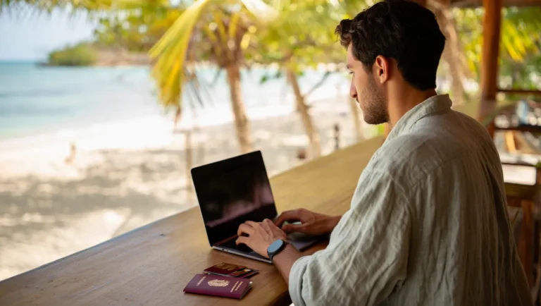 Digital nomad working remotely on a laptop at a tropical beach café, symbolizing the digital nomad lifestyle.