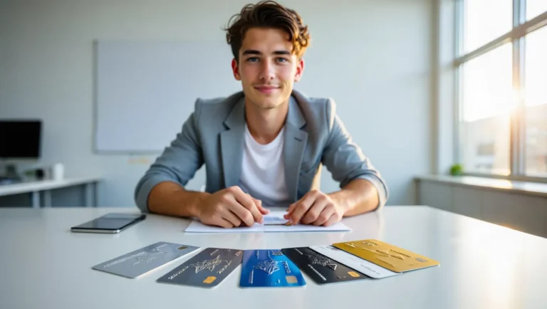 A young man sits at a desk with several credit cards fanned out in front of him for comparison to use for a balance transfer.