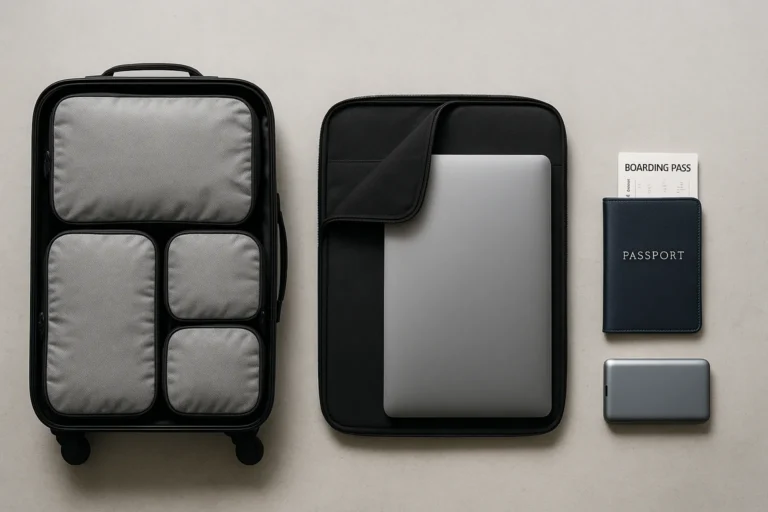 Travel gear with different smaller bags inside and Laptop shown beside Passport