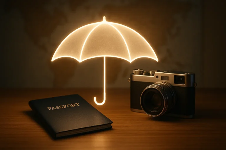 A glowing umbrella icon symbolizing travel insurance protectively covers a passport and a camera.