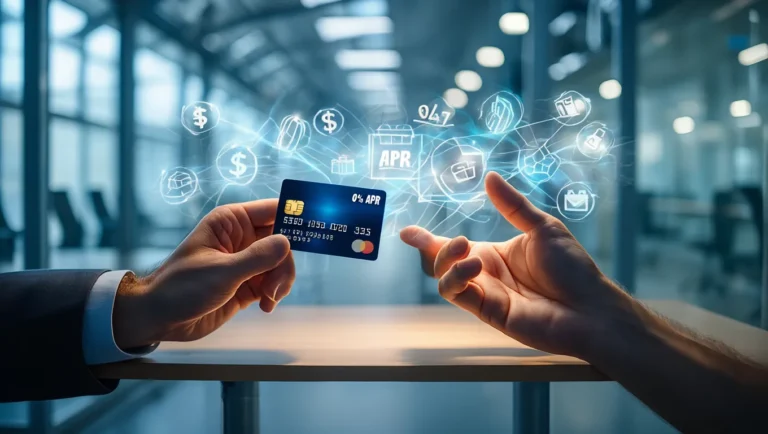 Hands holding a credit card with 0% APR surrounded by floating finance symbols
