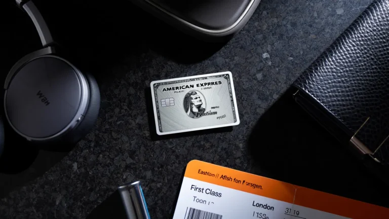 American Express Platinum Card with travel essentials and first-class boarding pass