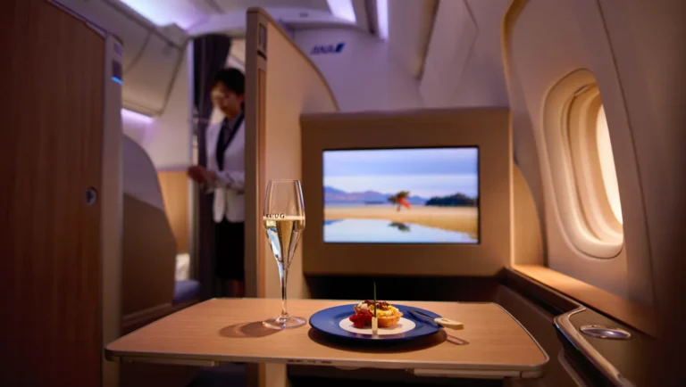 ANA First Class suite with champagne and fine dining onboard flight