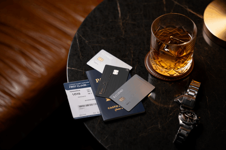 Luxury travel setup with premium credit cards, first class boarding pass, passport, and whiskey glass
