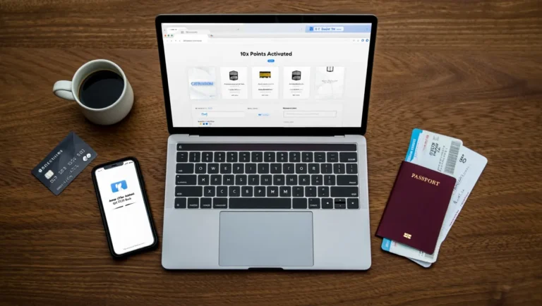 Credit card stacking setup with Rakuten portal on laptop, smartphone, card, passport, and boarding pass