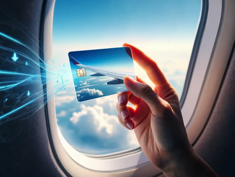 Hand holding a credit card against airplane window symbolizing travel rewards