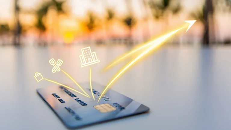 Credit card with glowing icons showing how to earn airline miles without flying