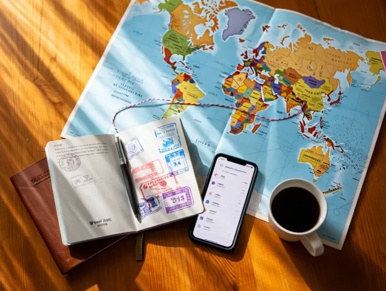 A flat lay of international travel planning items, featuring an open passport on a world map with a marked route, a smartphone, and a journal.
