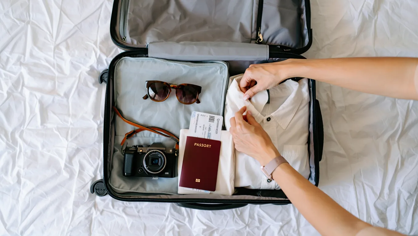 A person neatly packing a suitcase with clothes, a camera, and travel documents.