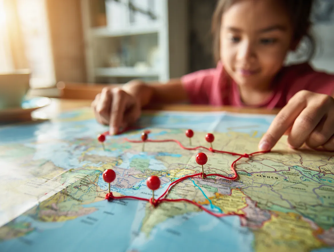 A person looking at a world map, planning their first international trip with pins and string.