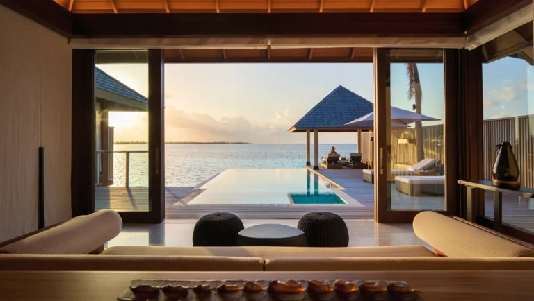 Luxury Hyatt villa with private pool overlooking the ocean at sunset booked with Hyatt Hotel Rewards.