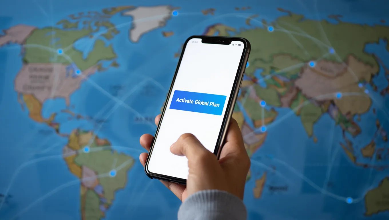 Traveler activating global mobile plan on smartphone for international connectivity