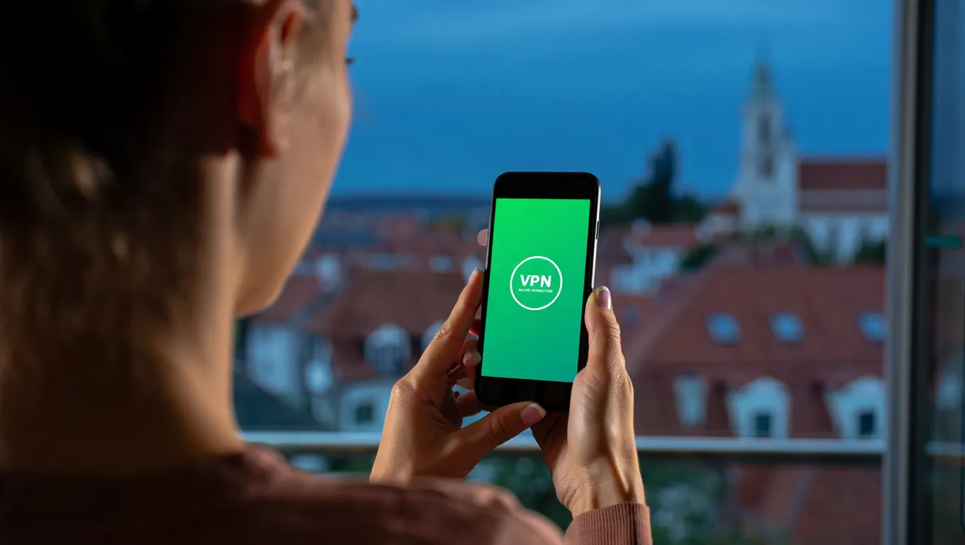 Person holding smartphone with VPN app for secure online browsing while traveling