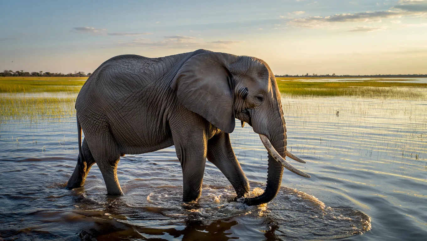 Elephant walking through water in Botswana’s Okavango Delta at sunset