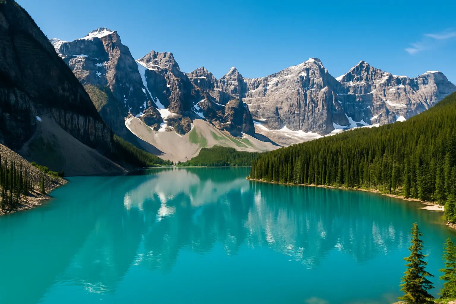 Scenic view of Moraine Lake in Alberta, Canada – turquoise water and snow-capped peaks