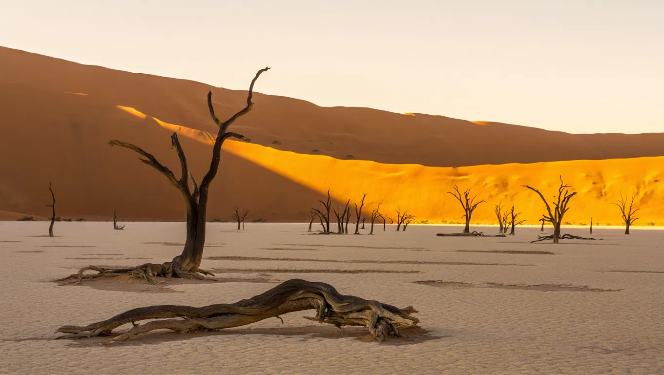 Deadvlei in Namibia with ancient dead camelthorn trees against red sand dunes