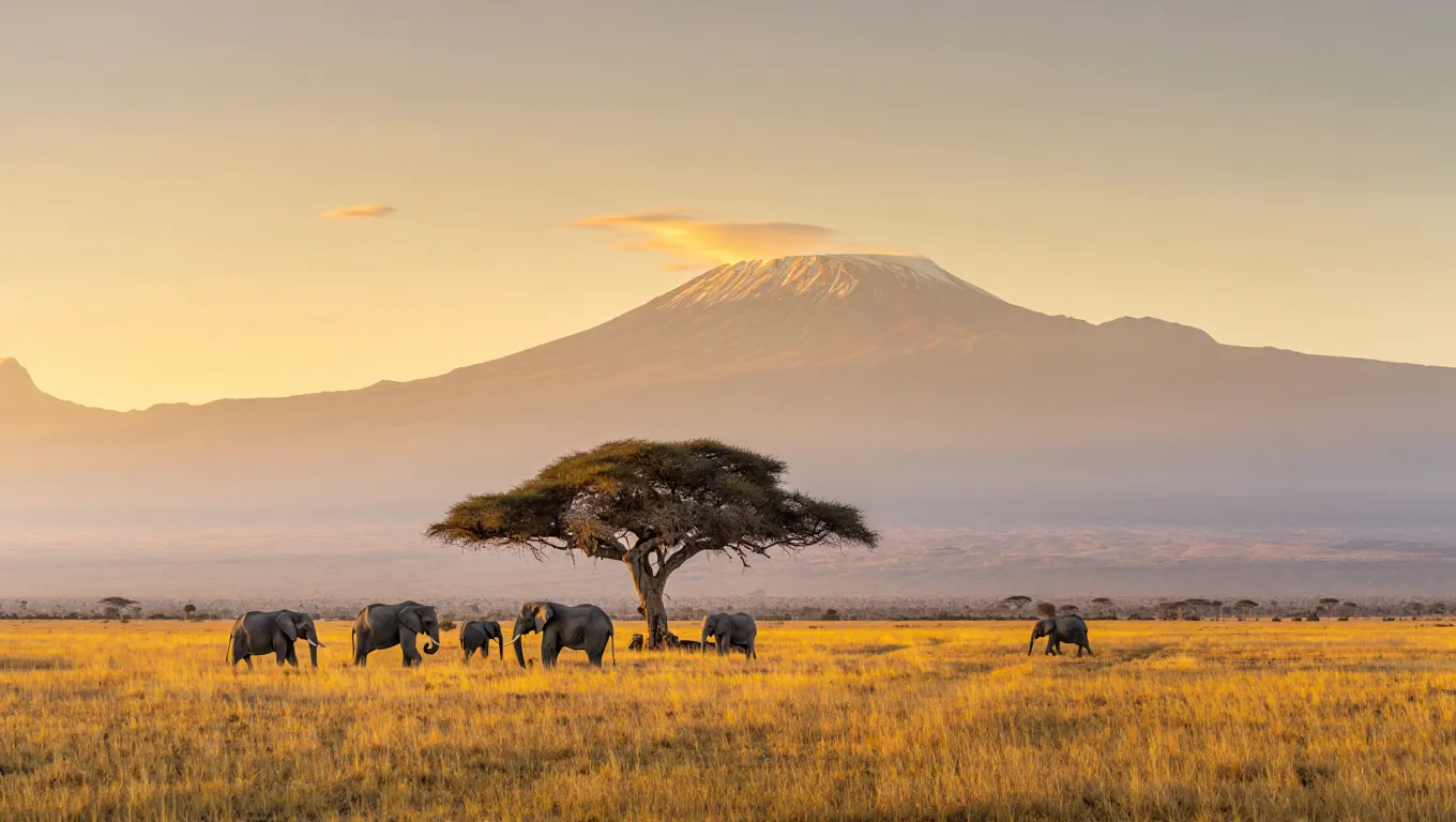 Elephants walking under acacia tree with Mount Kilimanjaro in the background, Tanzania