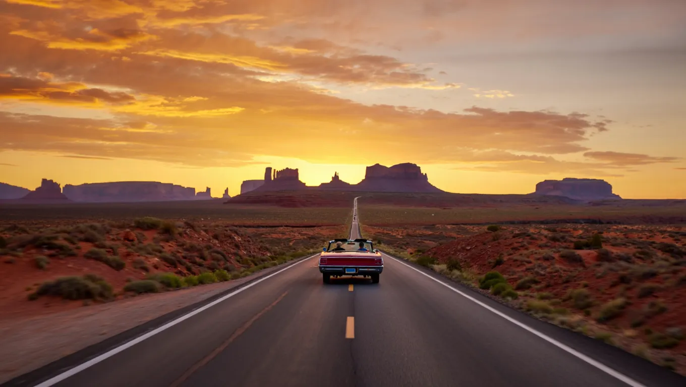 Convertible driving into Monument Valley at sunset – classic United States road trip scene