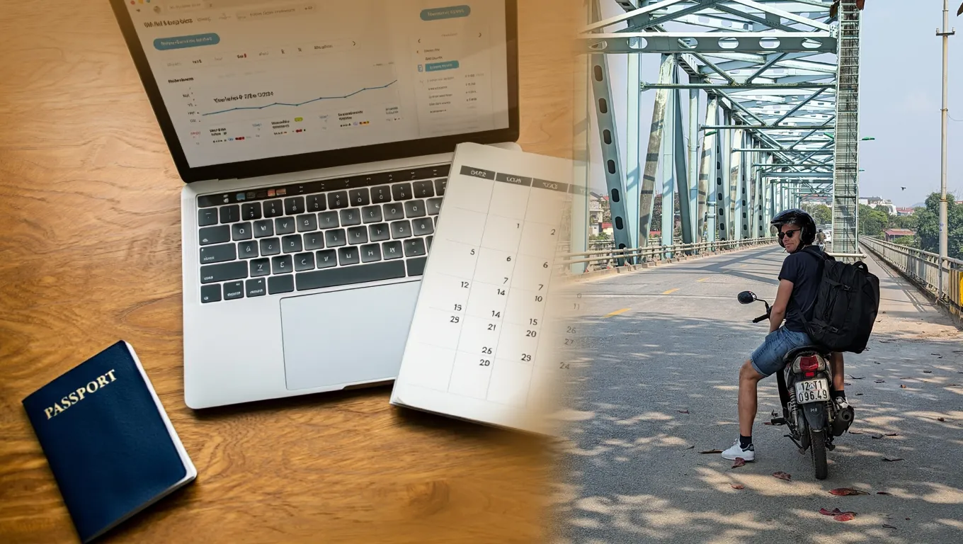 Travel planning with laptop, calendar and passport combined with motorbike adventure scene