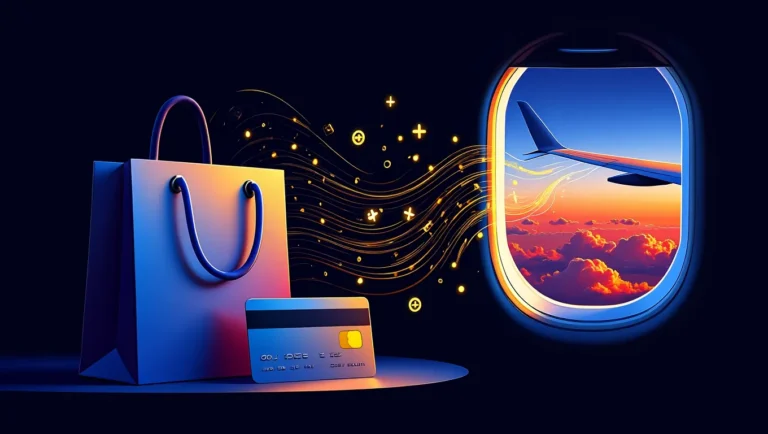 Rakuten shopping rewards concept with credit card, shopping bag, and airplane window view