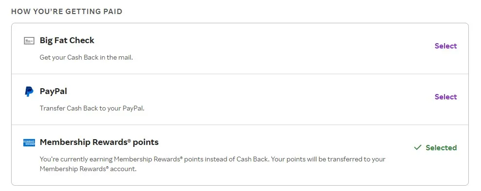 A screenshot showing the account settings page on Rakuten where a user can switch from cash back to Amex Membership Rewards.