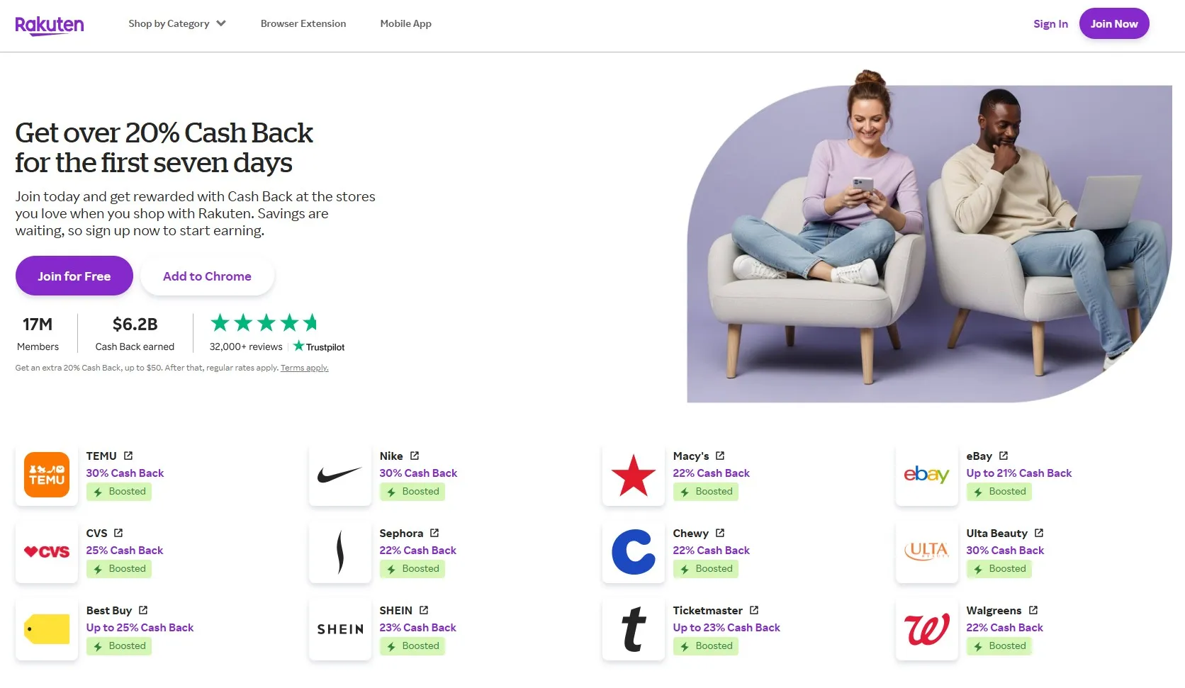 A screenshot of the Rakuten homepage showing different store offers and point multipliers.