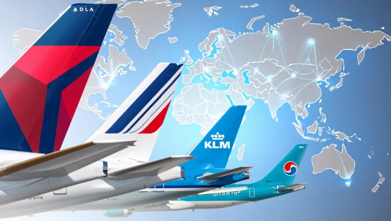 SkyTeam airline alliance tails including Delta, Air France, KLM, and Korean Air with world map background