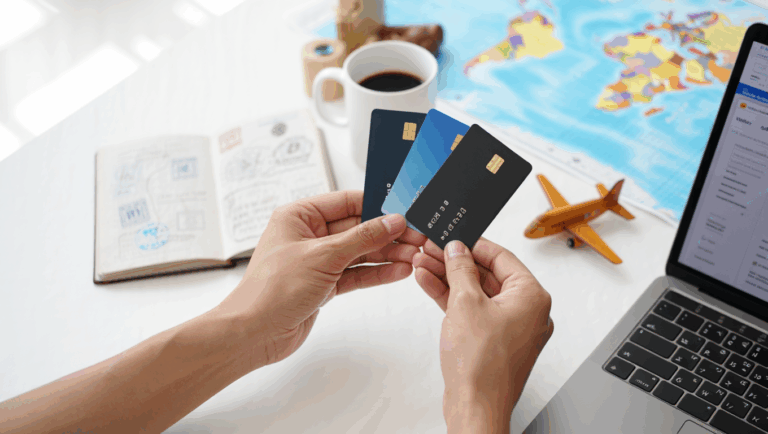 Hands holding multiple travel rewards credit cards with map, passport, and laptop in background