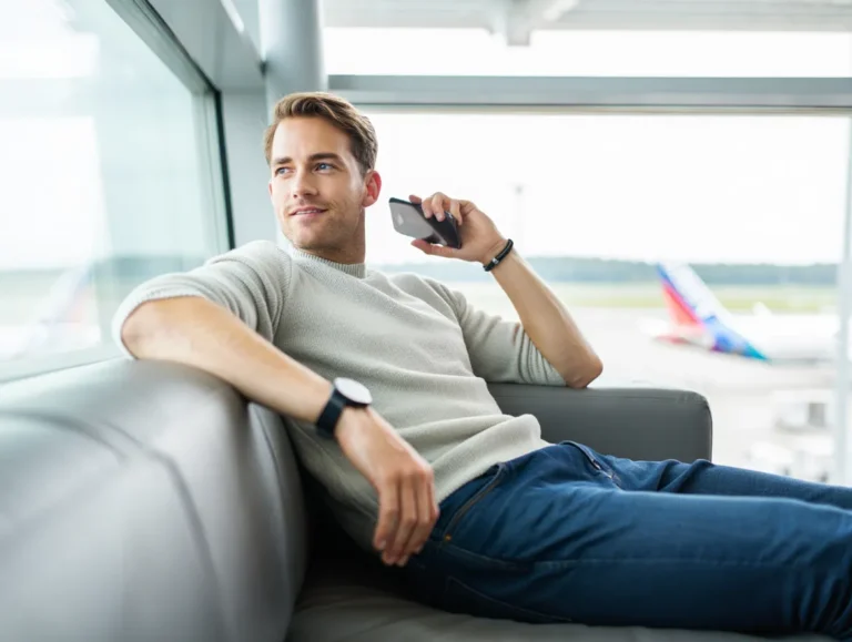 Man relaxing in an airport lounge holding a smartphone with airplanes visible outside the window