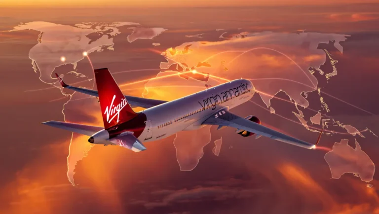 Virgin Atlantic airplane flying over illuminated world map representing global routes and Flying Club Points program