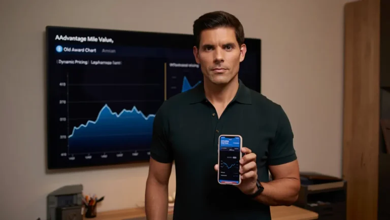 A travel expert analyzing the new American AAdvantage program, with a data graph in the background showing the value of miles changing from stable under old award charts to volatile with dynamic pricing.