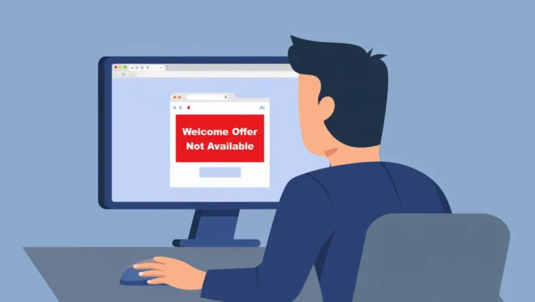 Illustration of a person sitting at a desk looking at a computer screen displaying a red message box that says “Welcome Offer Not Available.”