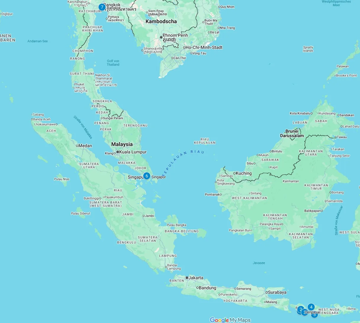 A map of Southeast Asia showing the travel route from Bali to Singapore and then Bangkok.