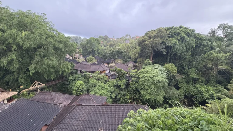 Lush jungle view in Ubud, Bali, with traditional Balinese rooftops nestled among dense tropical greenery and misty hills in the background after rainfall.