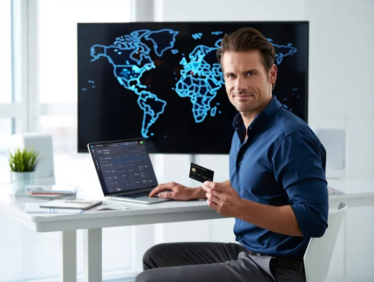 A confident travel expert in his modern office, holding a premium credit card and using a laptop to plan an award ticket sweet spots redemption on a map of global flight paths.