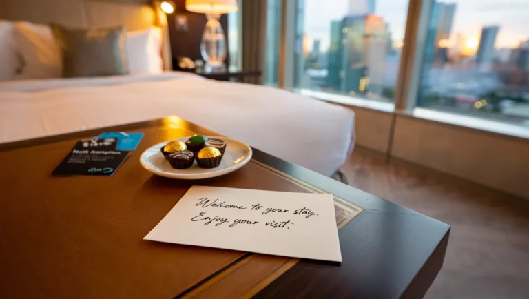 A VIP welcome amenity on a hotel nightstand, illustrating a key perk of the best hotel loyalty programs.