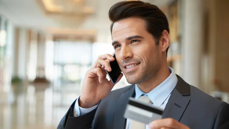 Businessman calling credit card concierge service while holding a premium card