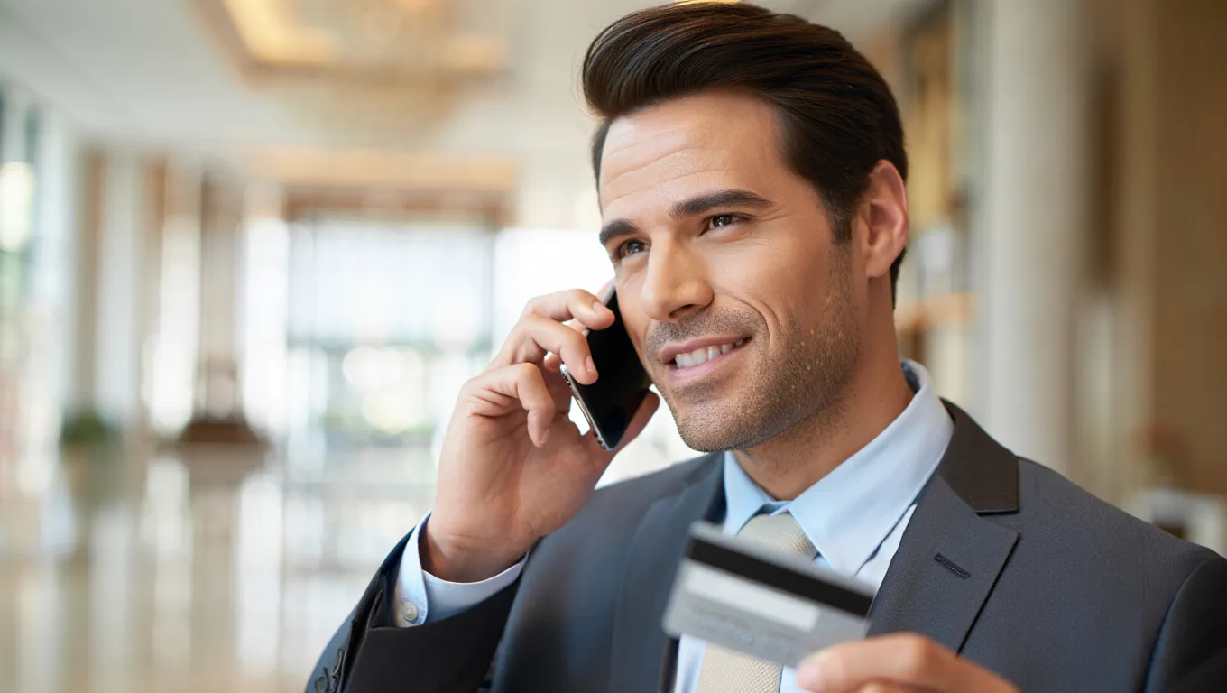 Businessman calling credit card concierge service while holding a premium card