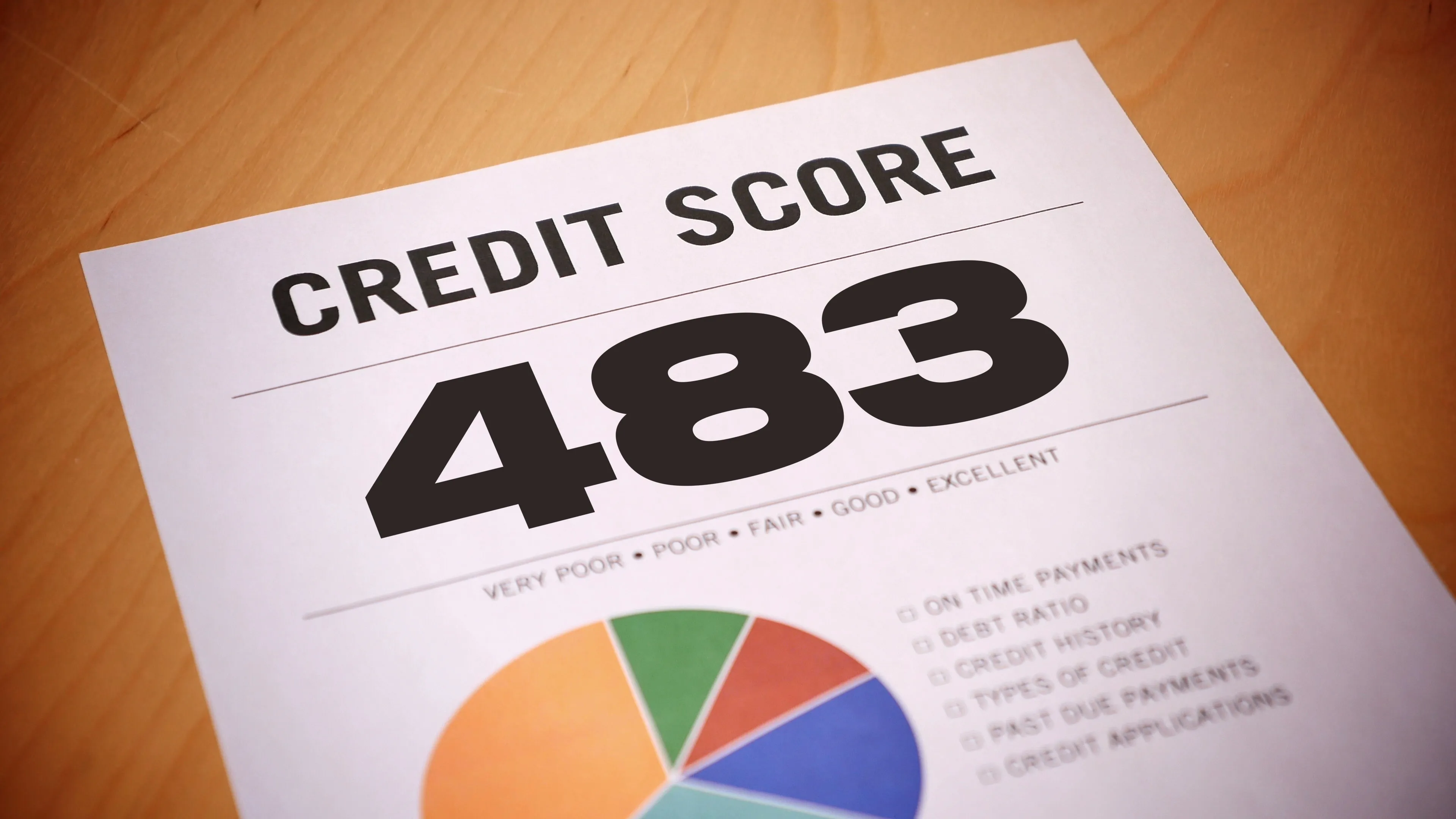 How Fast Can You Improve Your Credit Score, close-up of a printed credit score report showing a 483 score with a small pie chart and checklist on a wooden desk.