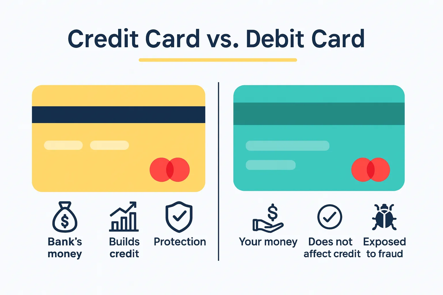 A credit card and debit card shown side-by-side to compare their features.