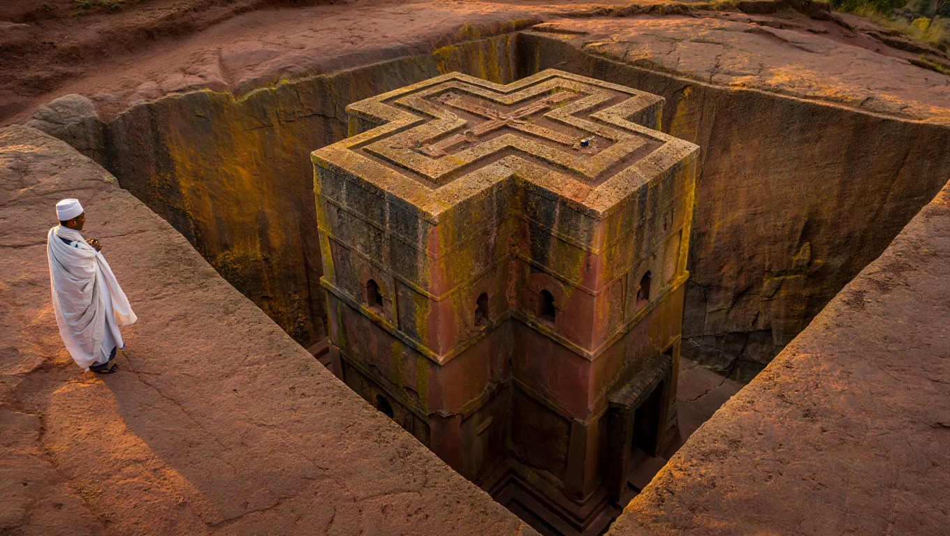 High-angle view of the iconic, cross-shaped rock-hewn Church of Saint George in Lalibela, Ethiopia, glowing in the warm light of golden hour.