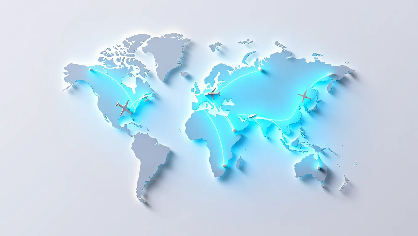 Minimal world map with glowing flight routes and airplane icons representing a flight distance calculator in a clean blue-white travel-tech style.