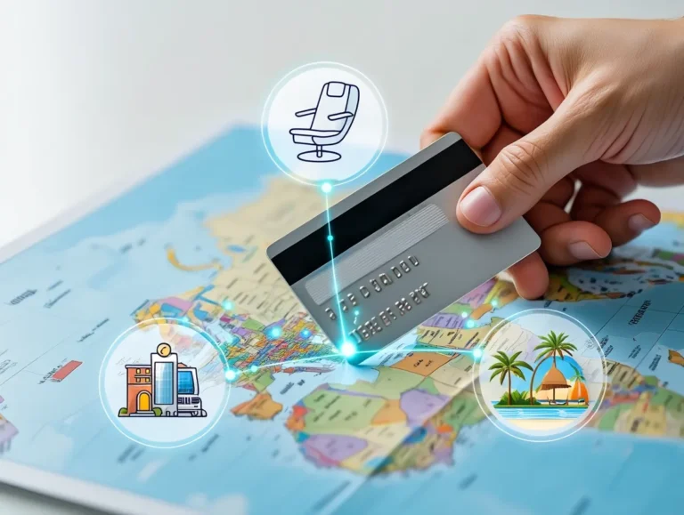 A person's hand places a credit card on a travel map, illustrating how to transfer Chase points to unlock luxury hotels and business class flights.