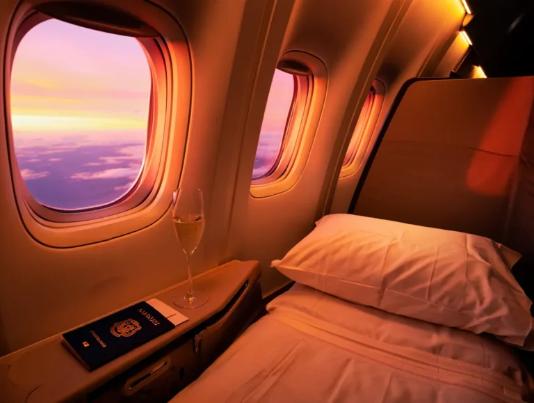 A luxurious and empty first-class airplane cabin during sunset, with a focus on a lie-flat seat next to a large window. Through the window, the curve of the Earth is visible. A passport and a glass of champagne rest on a side table, evoking a sense of luxury world travel.